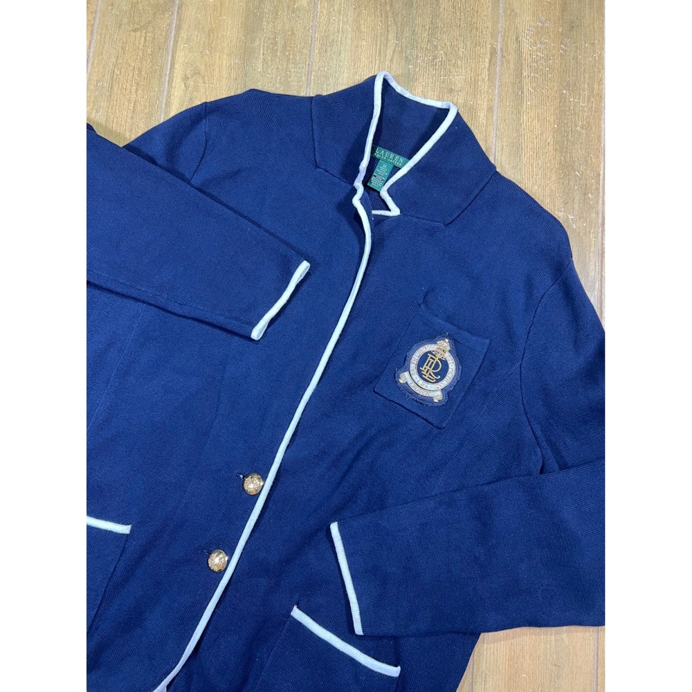 Lauren Ralph Lauren Navy Blue Knit Blazer Cardigan Gold Crest Jacket 2X